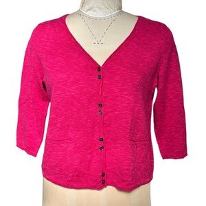 EILEEN FISHER Cardigan Sweater Linen Blend Marled Cropped 3/4 Sleeves Pink L‎